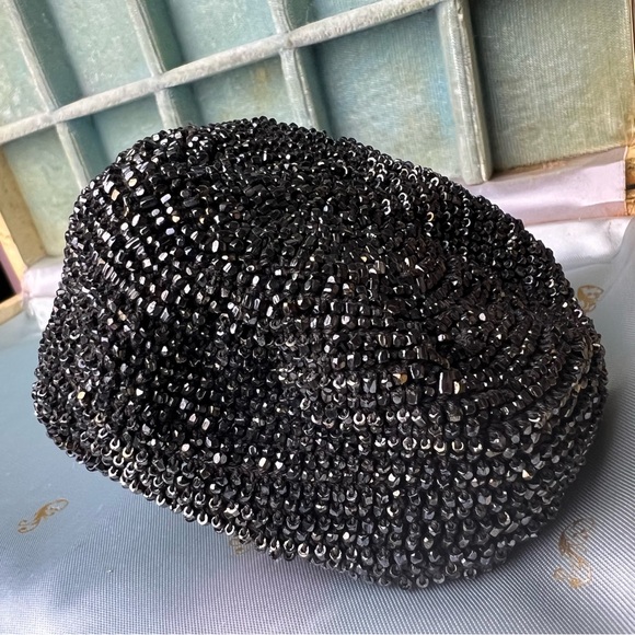 Vintage Black Beaded Hair Bun Cover | Mid Century Glass Bead Snood/Chignon